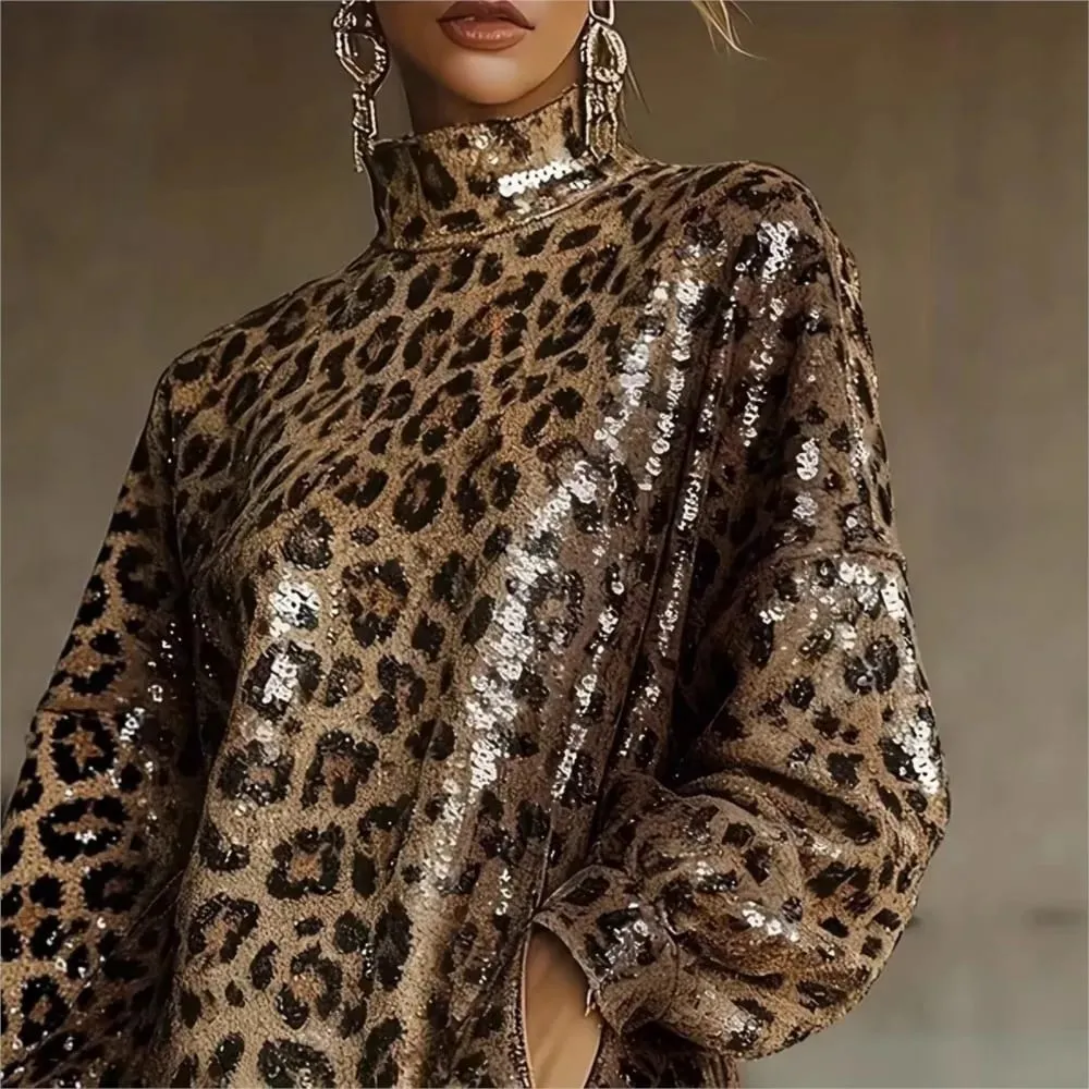 Autumn Winter Fashion Leopard Print Dress Casual Personalized Clothing Long Sleeved Sequins Tassel High Neck Pocket Short Dress