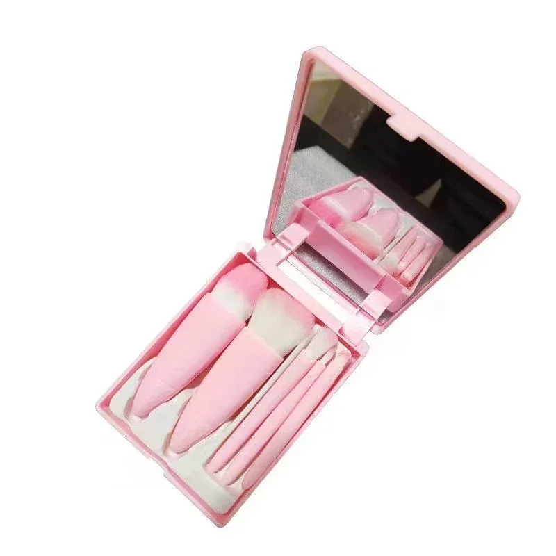Set di pennelli per trucco da viaggio da 5 pezzi Mini pennelli per trucco Kit di pennelli cosmetici con piccola funzione completa con custodia e specchio perfetto