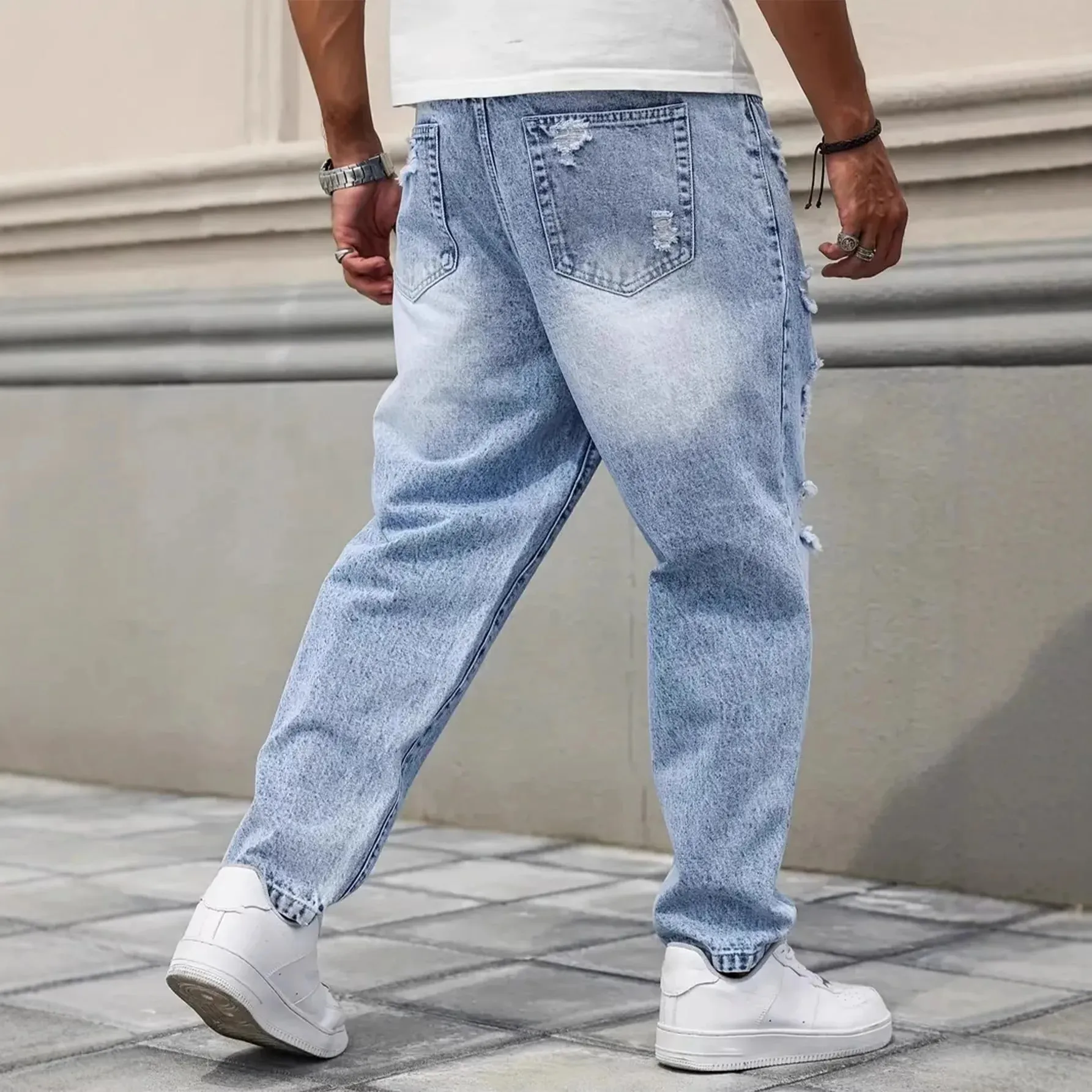 Light Blue Washed Ripped Frayed Denim Jeans For Men Non Stretch Straight Leg Loose Baggy Distressed Pants Vintage Y2K Hip Hop Da