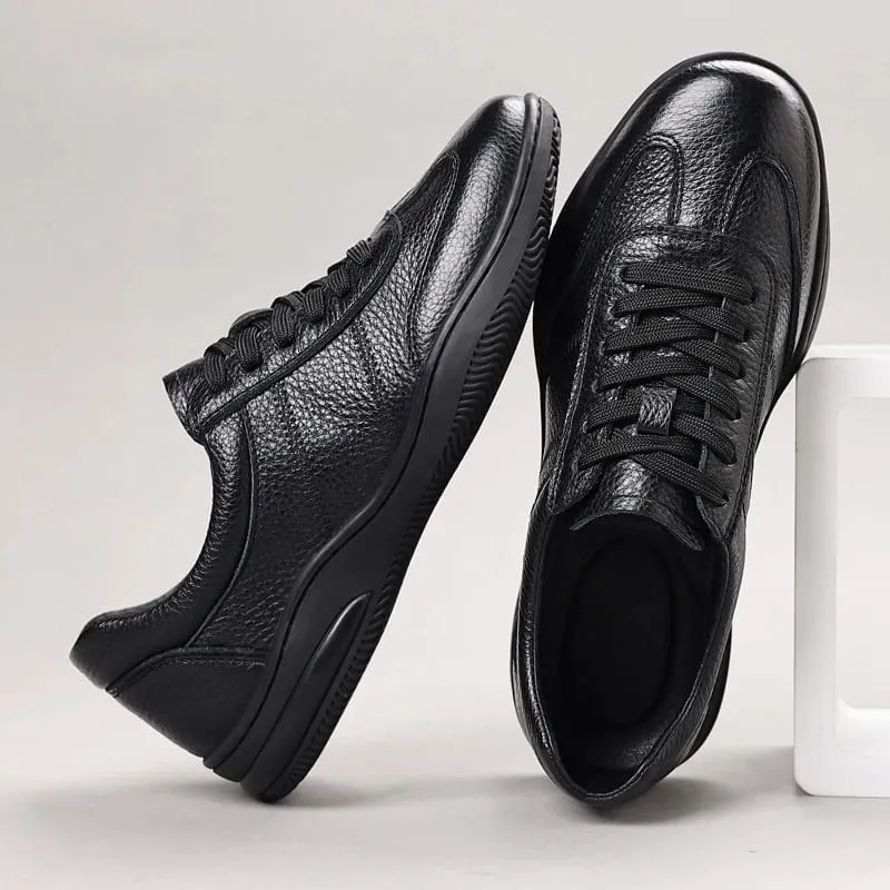 Mens All Black Genuine Leather Casual Sneakers Low Top Lace Up Comfortable Shoes For Business Daily Street Style Fashion Simple