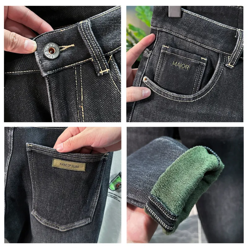 2025 Winter Fleece-Lined Thickened Jeans para sa Mga Lalaki Warm Men's Fashion Trendy Casual Stretch Slim Fit Skinny Pants