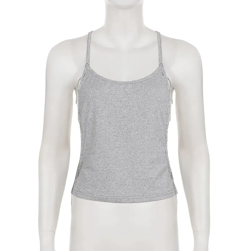 Y2K Women Backless Tank Top U‑Neck Metal Chain Cutout Sides Spaghetti Strap Sleeveless Slim Party Streetwear Camisole