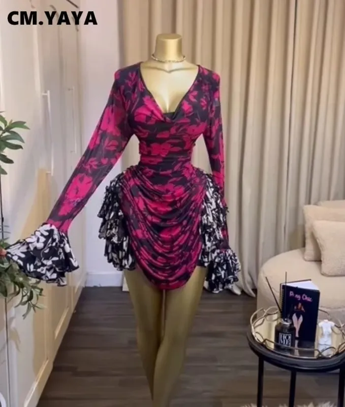 CM.YAYA – robe moulante froncée drapée à volants en cascade pour femmes, imprimé Tie Dye, manches longues, col en v, robes de vacances à la plage