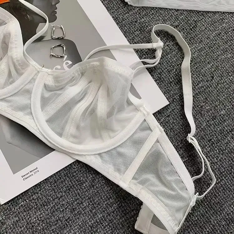 Women Strappy Mesh Lingerie Set Underwire Bra Panty Set Metal Pendant Sheer Intimate Underwear For Women Daily Nightwear