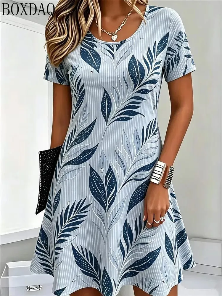 Casual Summer Women's Dresses Loose Short Sleeve Round Neck Leaf Pattern Printed Dress