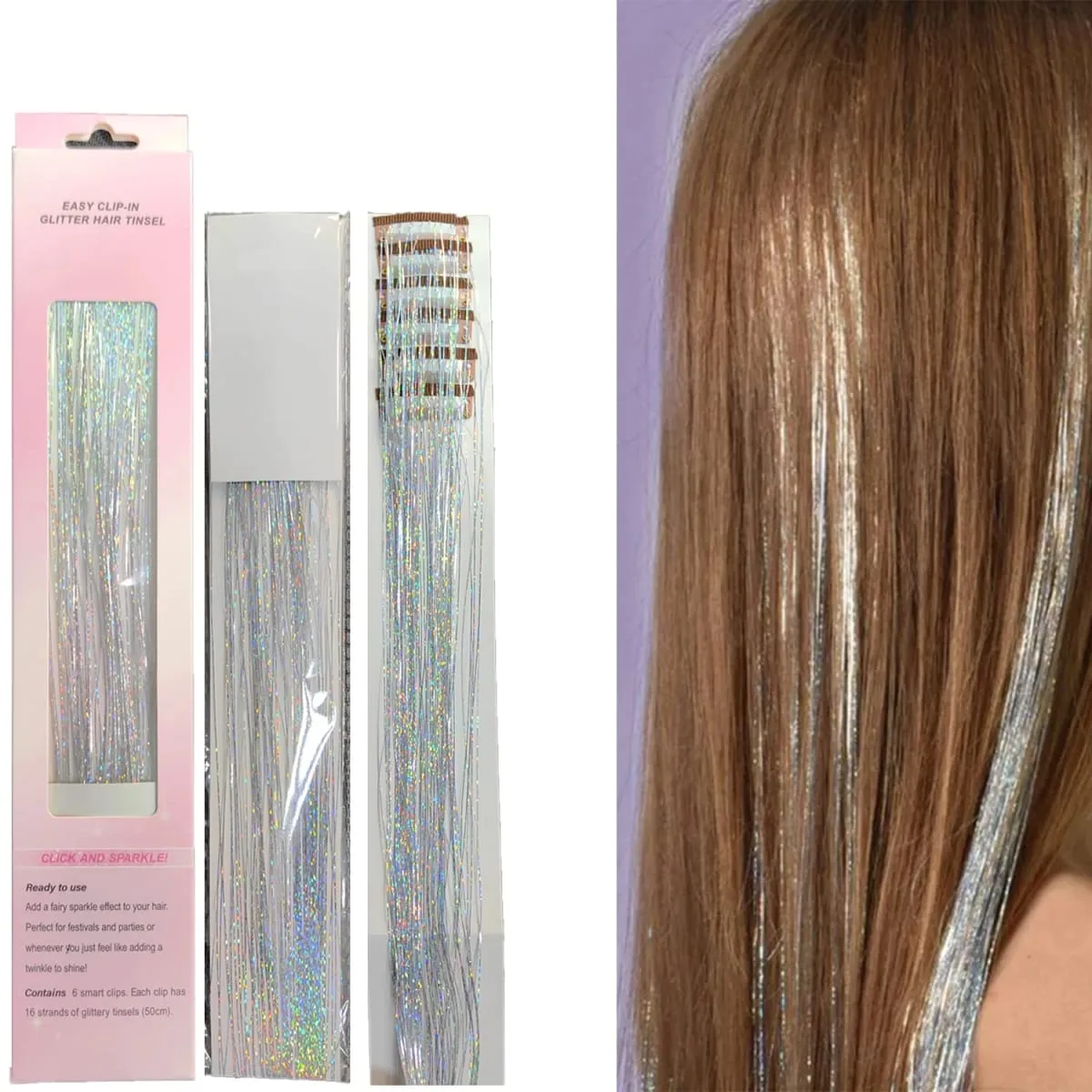 12PCs Clip in Hair Synthetic Tinsel Kit Holographic Hair Tinsel Shining Gold Professional Sparkle Heat-Resistant Silk Extensions
