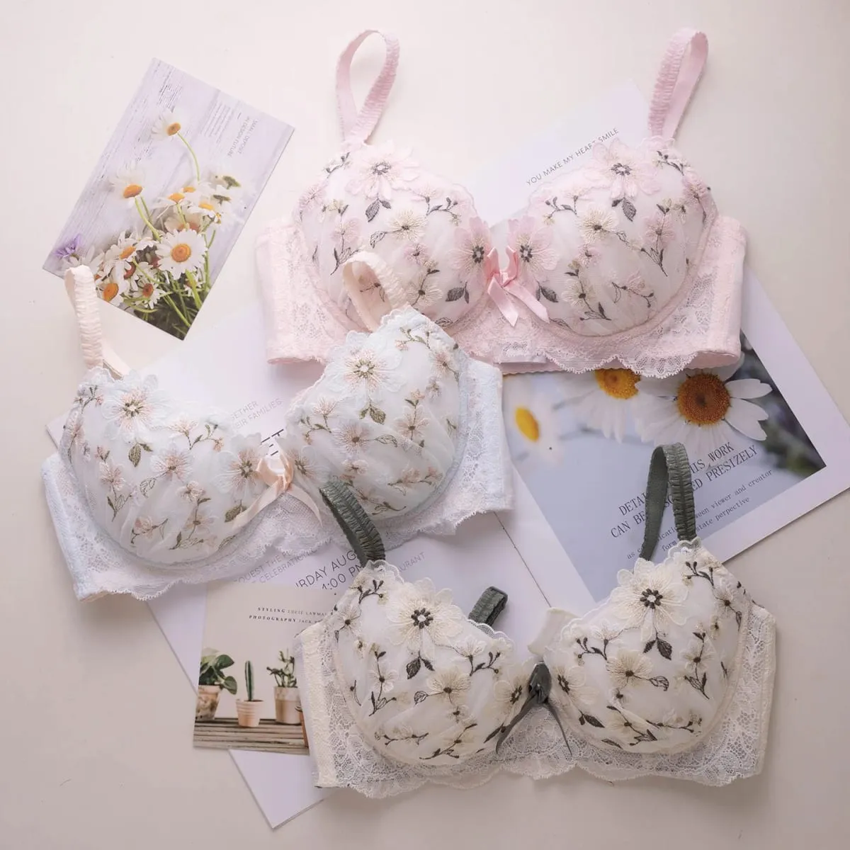 Japanese Style Thin Embroidered Girls Bra Set Soft Underwire Sweet Cute Large Cup Brassiere & Panty Lingerie Set — image 3