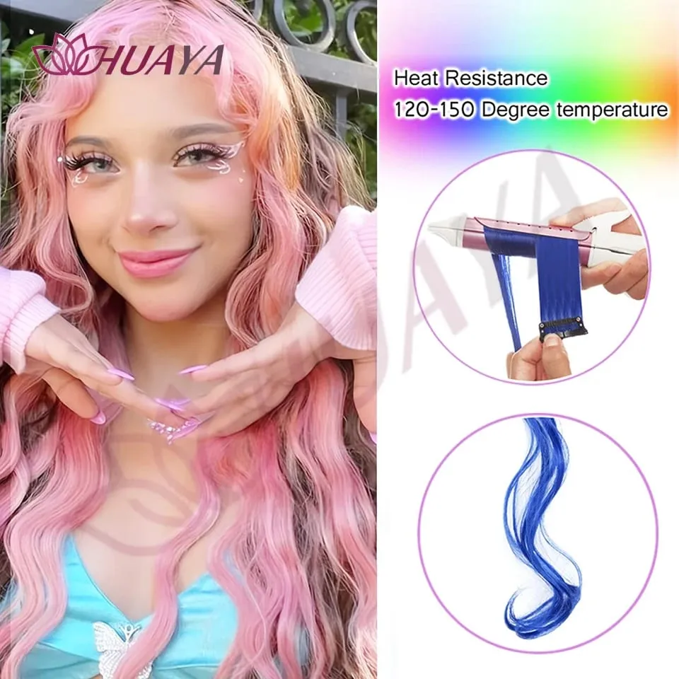 Synthetic 2 Pieces 20inch Colored Clip in Hair Extensions Long Straight Pink/Blue/Purple Halloween/Christmas Wig