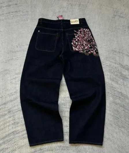 2026 new printed retro wide-leg casual slim trousers Hip-hop personality jeans Y2K women's dark fun graffiti floor-length pants