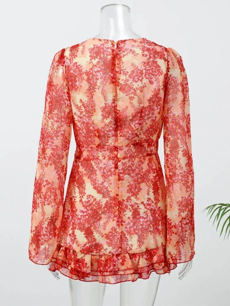 Sexy Floral Printed Mini Dress Women V-neck Flared Sleeve Waist Cinching Ruffle Bodycon Vestido 2026 Lady Party Vacation Gowns