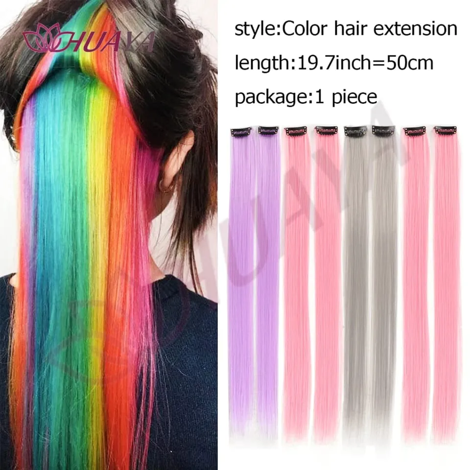 Synthetic 2 Pieces 20inch Colored Clip in Hair Extensions Long Straight Pink/Blue/Purple Halloween/Christmas Wig
