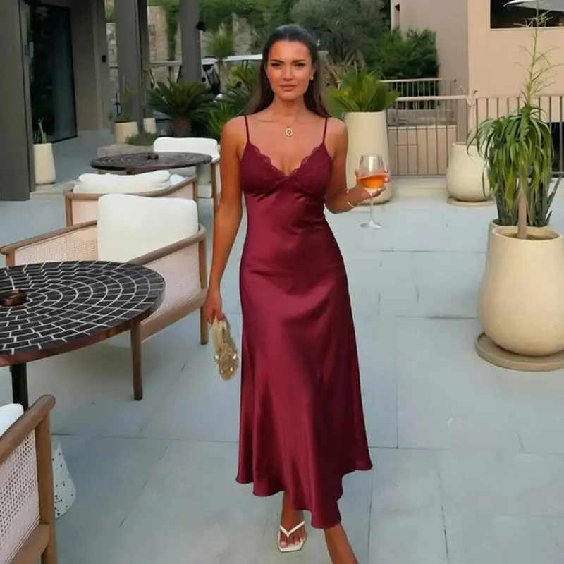 Elegant Women's Backless Yellow Satin Dresses Cross-back Design Long Slim Fit A-line Summer Dress 2026 New Vacation Travel Gowns