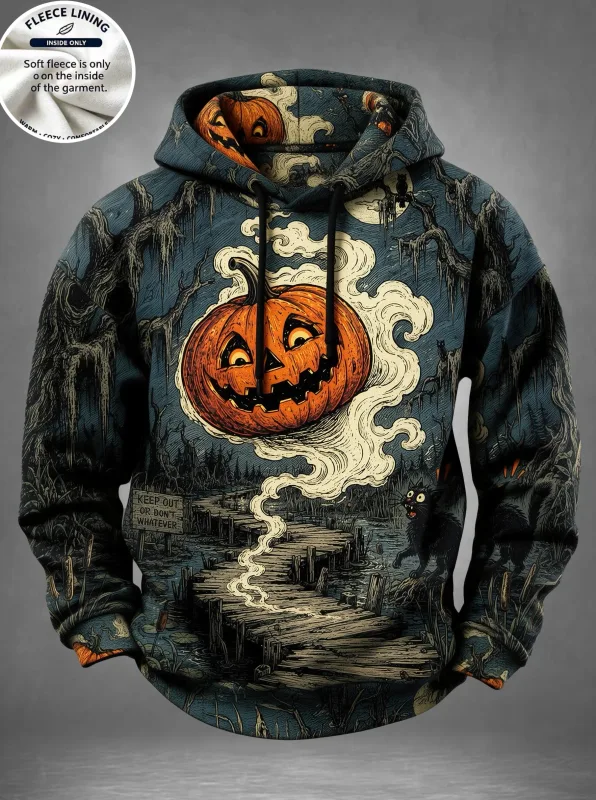 Men Fleece Lined Hoodie Halloween Skull Graveyard Pumpkin Print Pullover Hooded Sweatshirt Top