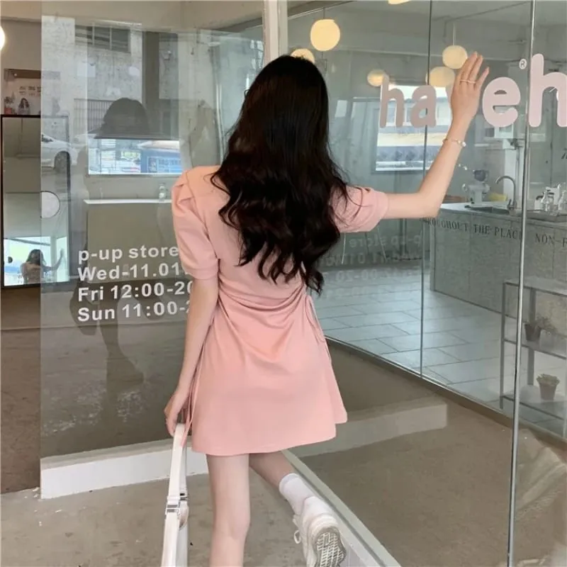 2026 Korean Style Women Pink Polo Collar Short Sleeve Dress Drawstring Waist Slim Sweet Spicy A-Line Mini Dresses