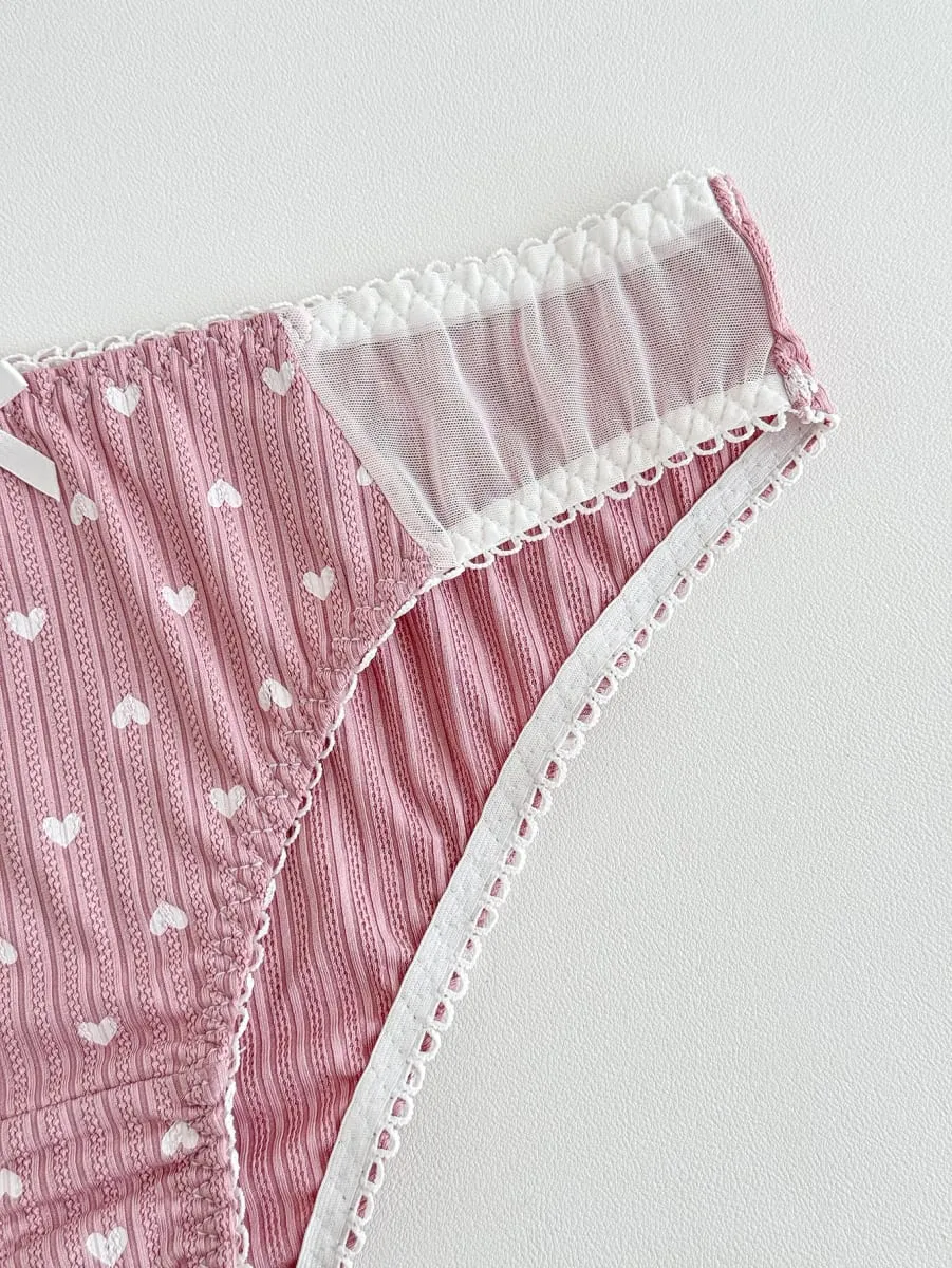 Women Pink Heart Print Lingerie Set Lace Mesh Trim Underwire Bra & Panties Soft Comfort Daily Intimates