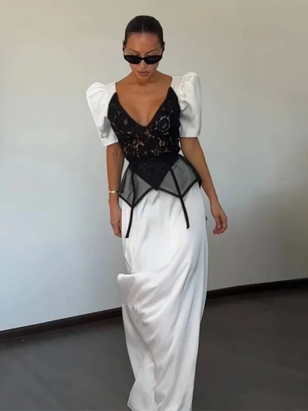 Lace Spliced Satin Midi Dress Waist Cinched Peplum V-Neck Puff Sleeve 2026 Summer Elegant Women Gown Causal Fashion Lady Vestido