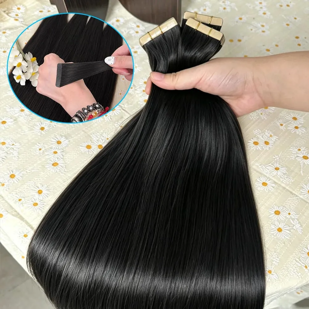 Tape In Real Human Hair Extensions Straight 18 24 Inch 1B Natural Black 50g/pack Color Invisible Seamless Skin PU Weft Tape Ins Extension For Women