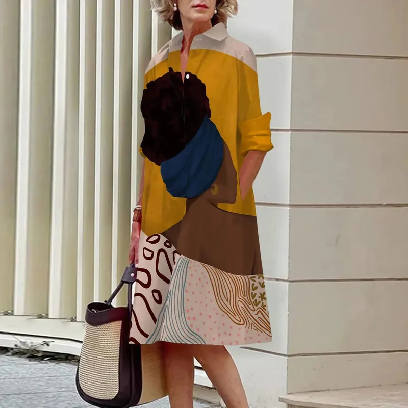 Zomer Nieuwe Damesjurken Mode Karakter Kunst Patroon Losse Grote Maat Casual Temperament Commuter Onregelmatige Lange Rok Tops