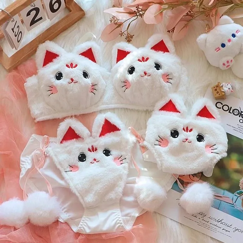 Cute Cartoon Furry Cat Ears Lingerie Bras Underpants Underwear Two Piece Sets Sweet Warm Winter Plush Underwear Set New