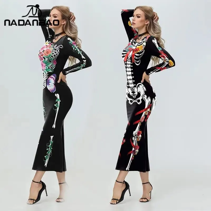 Nadanbao Women Floral Skull Print Dress Gothic Black Long Sleeve Dresses Sexy Slim Party Dress Day of the Dead Cosplay Costumes