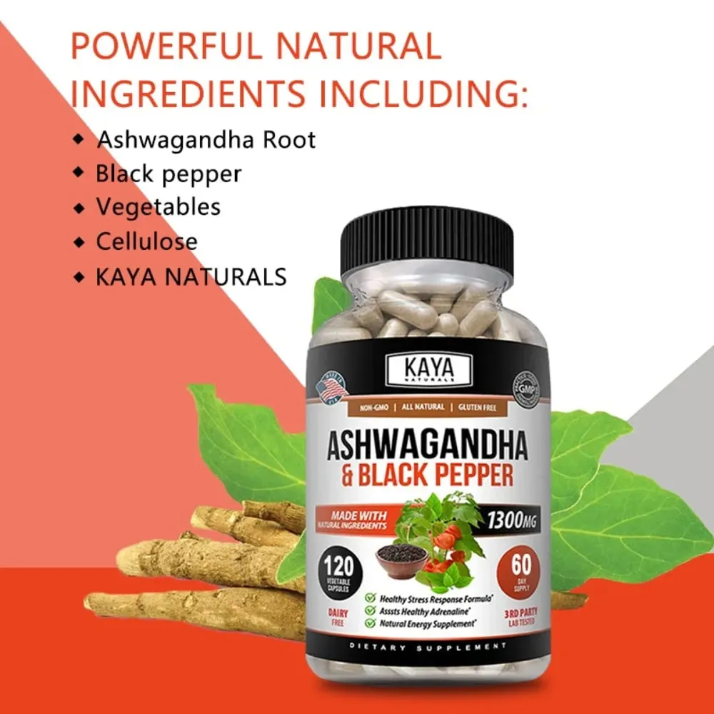 Organic Ashwagandha 1300mg 120 Count Capsules for Stress Relief Anti-Anxiety Mood Support Brain Health