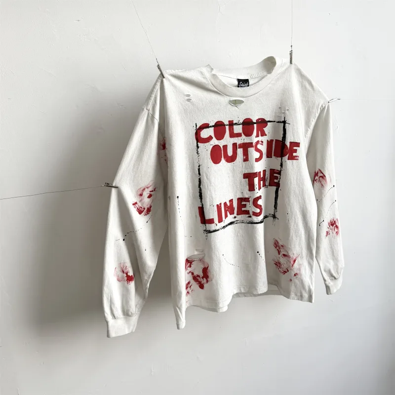 26SS SAINT OF MICHAEL Street Dirty Graffiti Print High-Street Vintage Full Cotton Quality Long Sleeve Sweatshirt T-Shirt