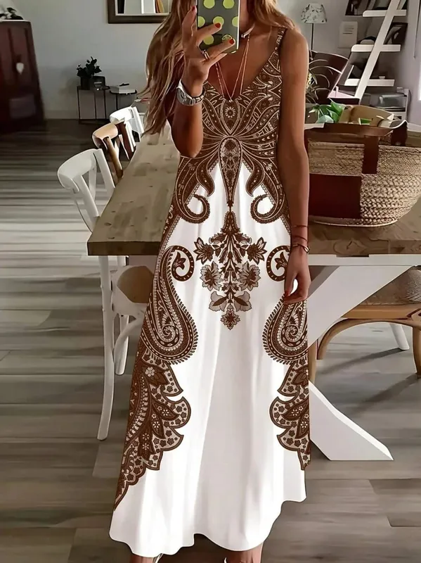 2024 vestido de tirantes con cuello en V estampado de nueva flor transfronteriza con estilo de vacaciones bohemio exótico estilo largo elegante