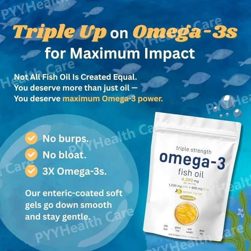 Triple Strength Omega 3 Fish Oil Supplements 4200mg Lemon Flavored Burpless EPA 1200mg DHA 900mg 240 Softgels