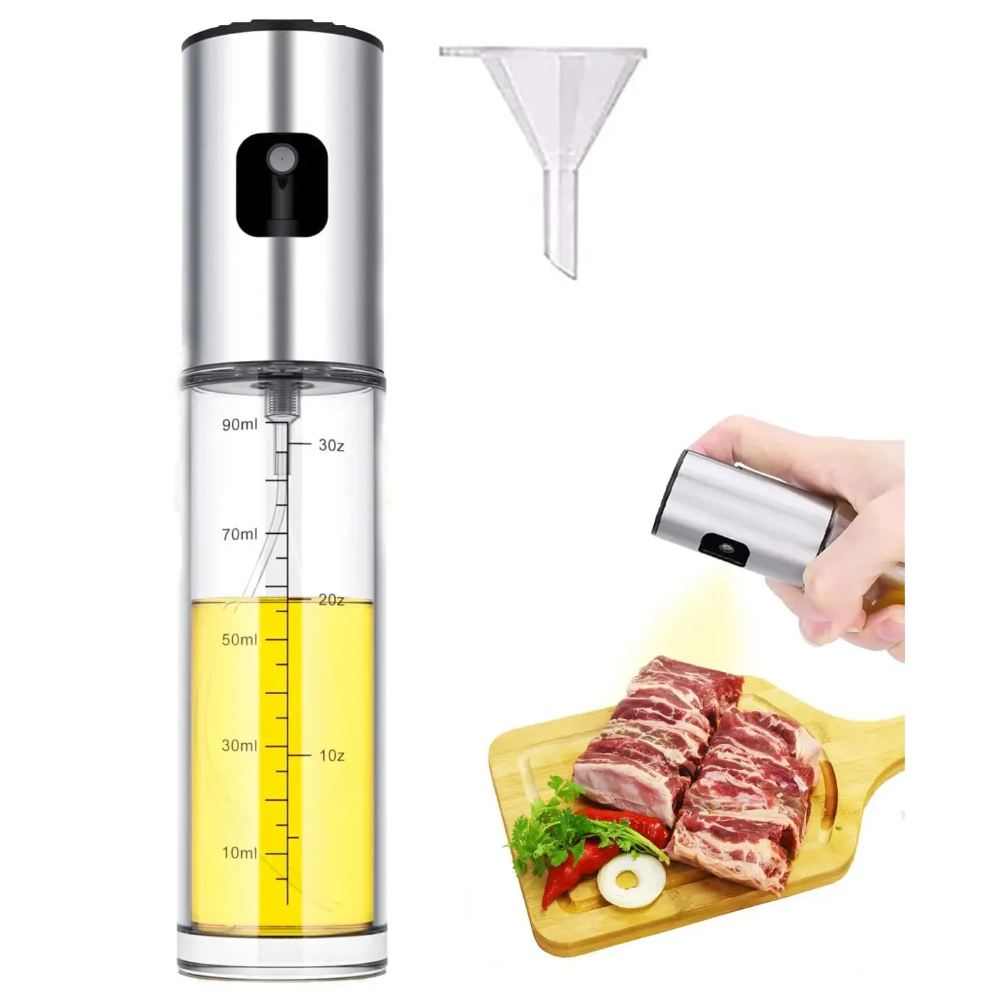 Garrafa de pulverizador de azeite com funil 100ml azeite senhor pulverizador dispensador garrafa para cozinhar acessórios essenciais da cozinha