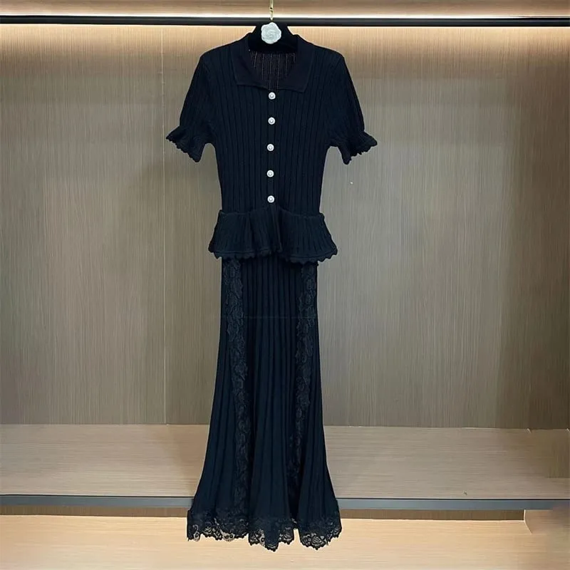 New Summer Women's Lace-Trimmed Short-Sleeve Knitted DressY2K High-Quality Fashionable Casual Faux Two-Piece Fishtail Maxi Dress