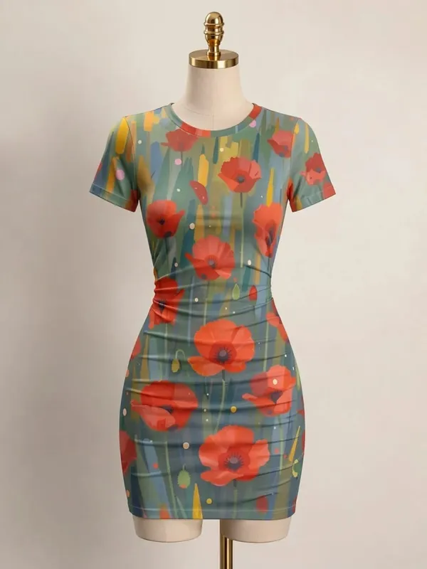 Womens Short Sleeve Bodycon Mini Dress Slim Fit Crew Neck Floral Print Casual Summer Party Cute Comfy Vacation Vacation Sundress