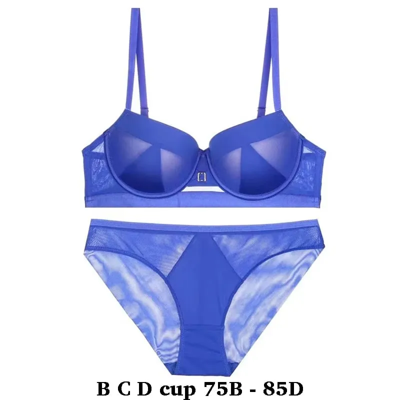 high quality sexy mesh women bras and brief two piece set push up B C D cup wire summer lingerie underwear black blue