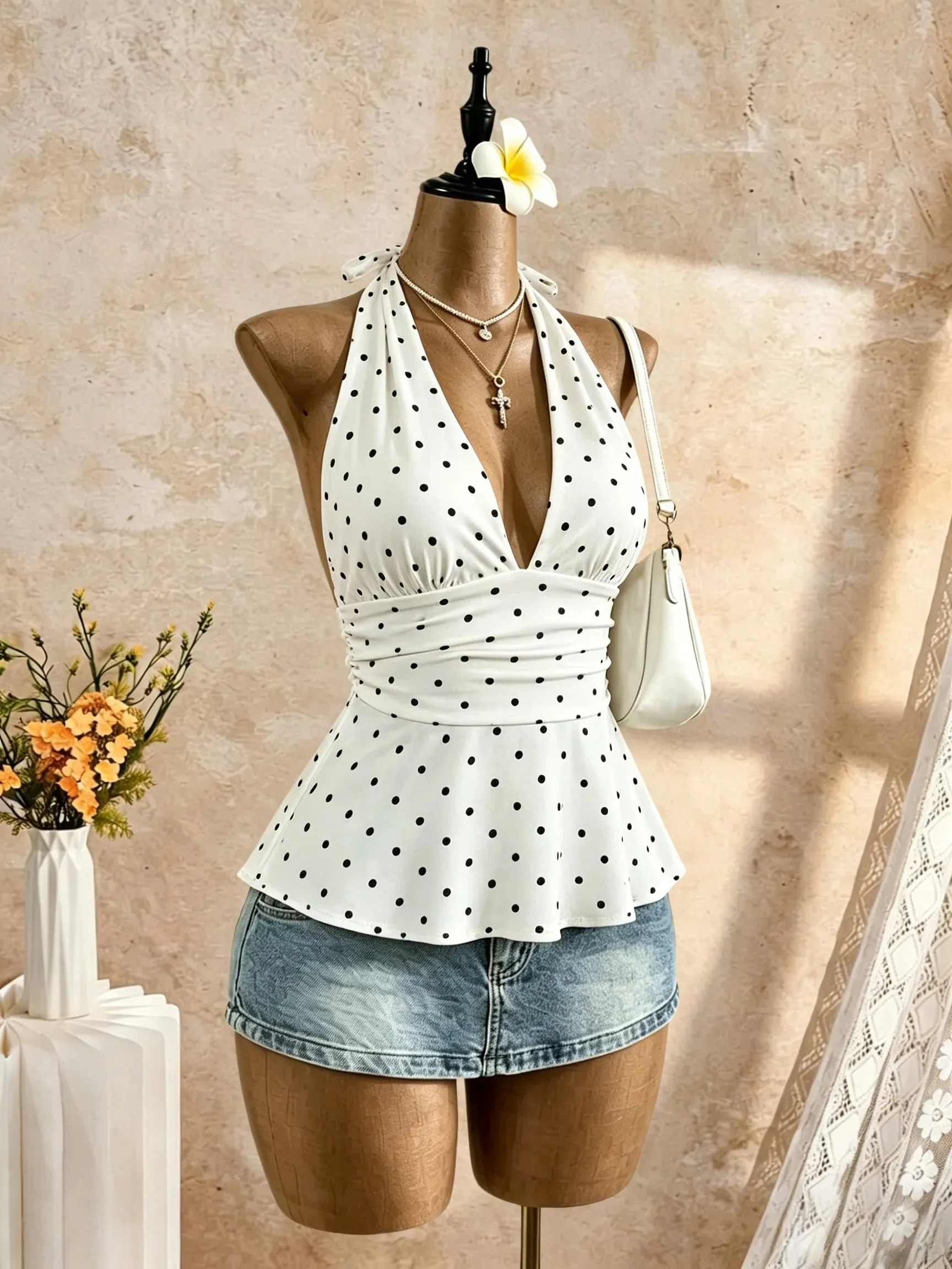 Women Halter Deep V Neck Sleeveless Peplum Tank Top Wrap Waist Ruched Flared Hem Slim Fit Y2K Cami Blouse