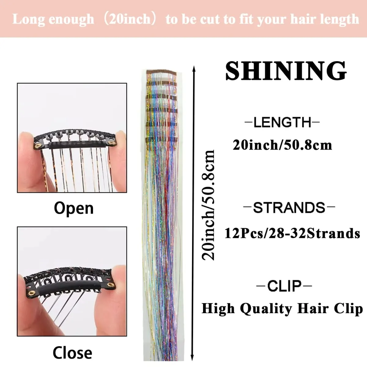 12PCs Clip in Hair Synthetic Tinsel Kit Holographic Hair Tinsel Shining Gold Professional Sparkle Heat-Resistant Silk Extensions