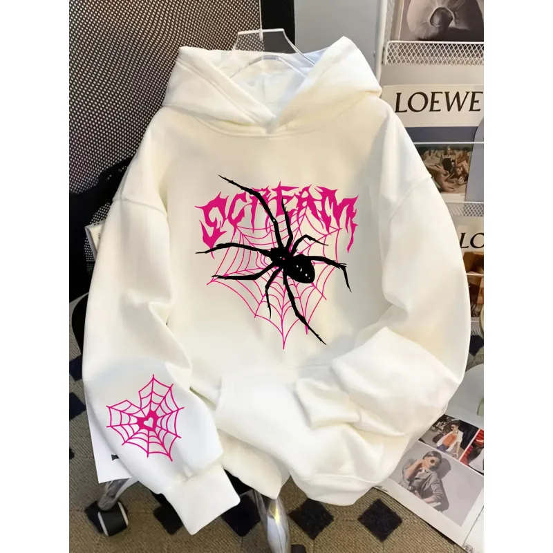 Men's Gothic Spider Print Hoodie Hip Hop Sports Casual Streetwear Pink Graffiti Pullover Sweatshirt Tops