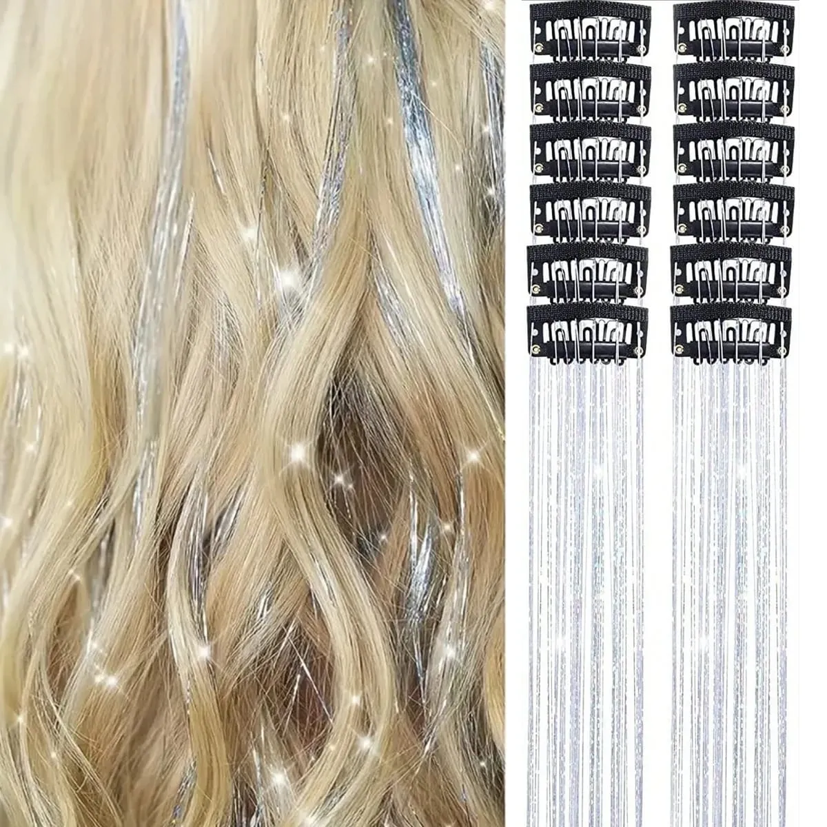 12Pcs Synthetic Hair Tinsel Clip in 20Inch Glitter Tinsel Hair Clip in Hair Tinsel Kit Heat Resistant Shiny Sparkle Fairy Hair