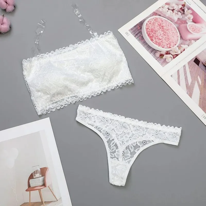 Lace Sheer Flower Thong Bra Set Embroidery Invisible Straps Floral Panties Bra Kit Lingerie Transparent Underwear for Women