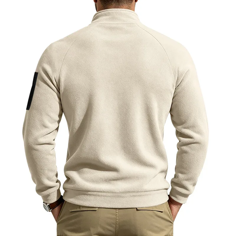 Men Fleece Stand Collar Sweatshirt Diagonal Zipper Arm Pocket Long Sleeve Loose Casual Pullover Autumn Winter Outdoor Tops