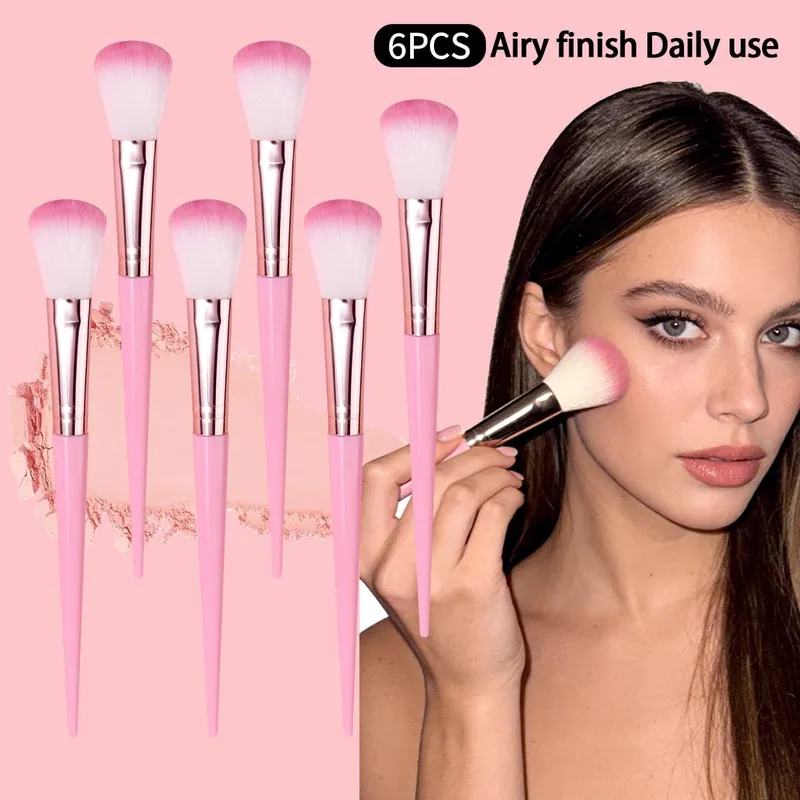 6Pc Daily Use Makeup Brushes Soft Pink Hair Blush Powder Brushes Airy Flawless Finish Professional Face Cosmetic Tool Kit