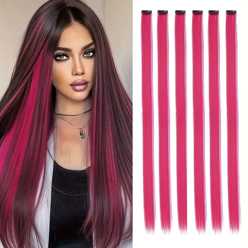 22Inch Synthetic 6pcs Long Straight Hair Extension Colored Rainbow High-Temperature Fiber Hairpiece for Women Daily Party Use