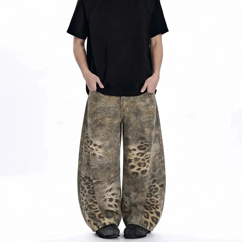 Avant-Garde Men's Jeans Leopard Print Gradient Oversized Wide Leg Fit High Street Loose Casual Denim Long Pants 9X2894