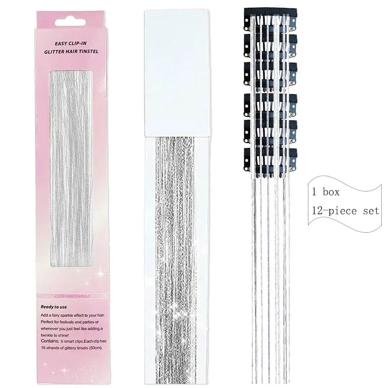 20 Inch Synthetic Hair Extensions -12 Piece Set of Colorful Glitter Hair Accessories Suitable for Girls' Party Birthday Gifts