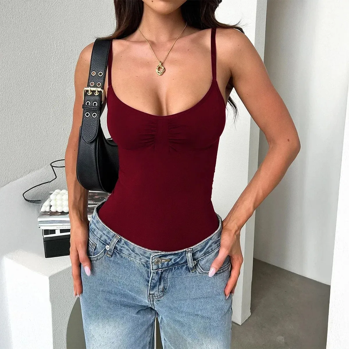 [You're My Secret] Brown Spaghetti Strap Bodysuit for Women Black Sleeveless Vest Top Y2K Gothic Bodysuit Fashion Streetwear