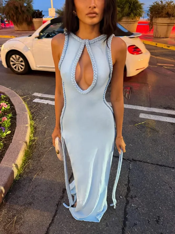 Women Elegant High Slit Hem Maxi Dress Braided Trim Sleeveless Backless Keyhole Neckline Solid Dresses Summer Sexy Fashion Gown