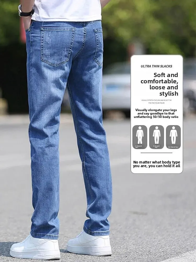 Korean Reviews Many Men's Clothes 2025 New Spring Summer Business Jeans Light Blue Straight Loose Fashion Casual Long Pants Men