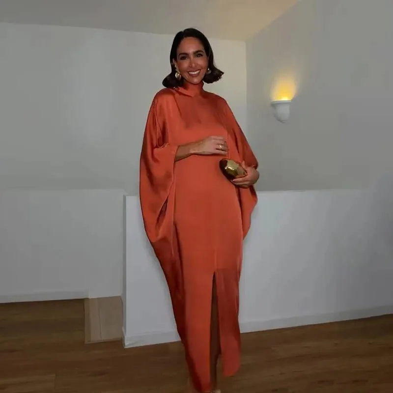 Women Solid Satin Maxi Dress High Neck Batwing Sleeve Loose Fit Front Slit Dresses Lady 2026 Summer Elegant Evening Party Outfit