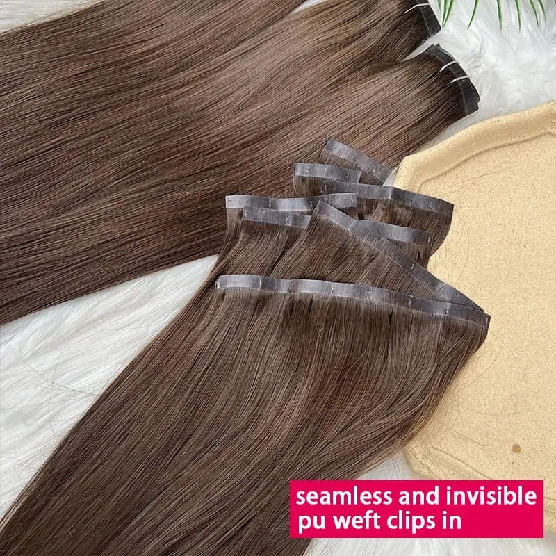 #2 Color Invisible Seamless Clip in Hair Extensions Straight PU Weft Clips In Double Weft 100% Raw Virgin Human Hair 7PCS/100g