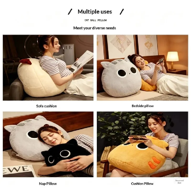 Generic Fluffy Cute Round Black And Brown Cat Plush Pillow Soft Stuffed Plush Toy Sofa Bed Back Cushion Home Decor For Adult