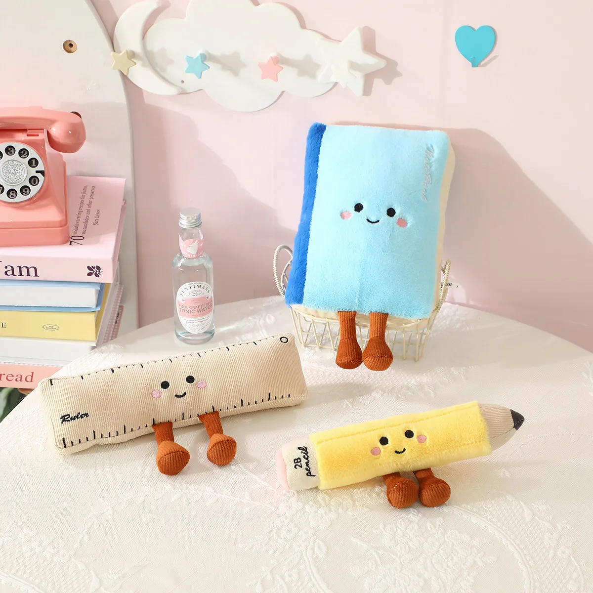 1pc Stationery Plush Toy Smiling Kawaii Face Pencil Book Ruler with Legs Humanoid Doll Decor Plushie Birthday Gift