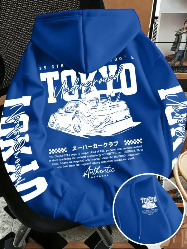 Autumn Winter New Men'S Tokyo Underground Racing Line Drawing Print Hooded Sweatshirt Japanese Street Trendy Top